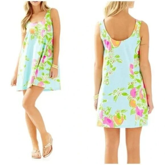 Lilly Pulitzer Pool Blue Pink Lemonade Carmel Floral Printed Cotton Tank Dress - Picture 2 of 12